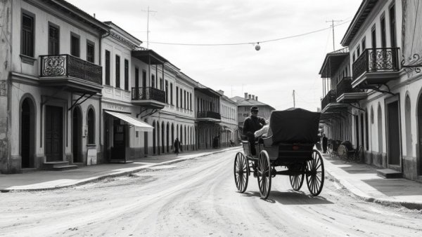 Kelowna Chamber of Commerce 120th anniversary, historical town scene with horse-drawn carriage.