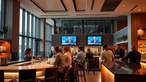 Ellison Field Taphouse interior with patrons and TVs displaying news.