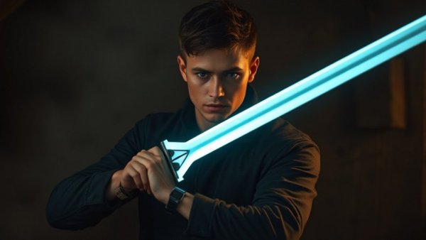 Ben Solo movie campaign image of focused young man with glowing sword.