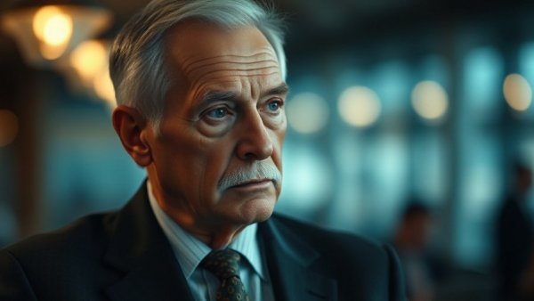 Distinguished older man in suit, thoughtful, discussing leadership succession.