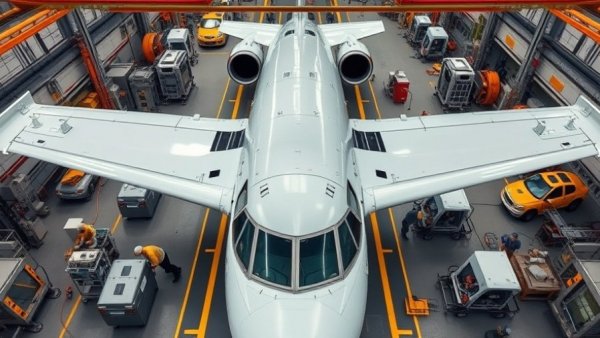 Aircraft assembly line with detailed components, Boeing outsold Airbus in 2025.