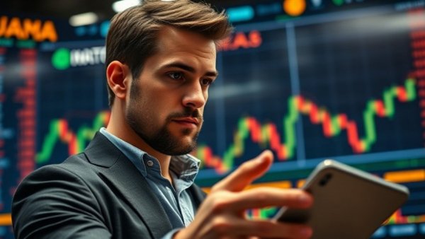 Confident man analyzing cryptocurrency trading strategies on phone.