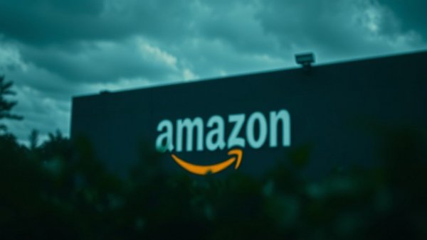 Blurred Amazon sign with security camera in soft focus.