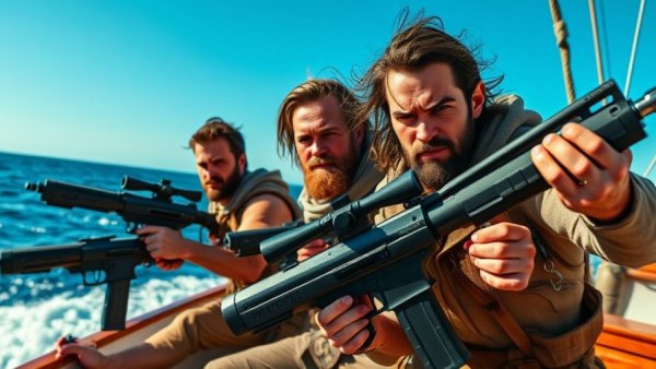 Two men with futuristic weapons on a boat at sea, Star Wars vibe.