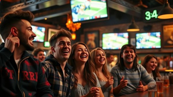 Teens in a busy sports bar cheering at a game, lively atmosphere.