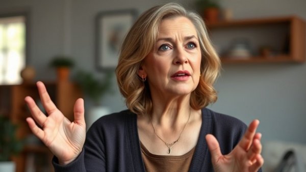 Middle-aged woman discussing life reinvention, home studio setting.