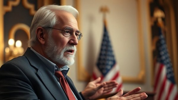 Elderly man speaking at event with American flag backdrop.
