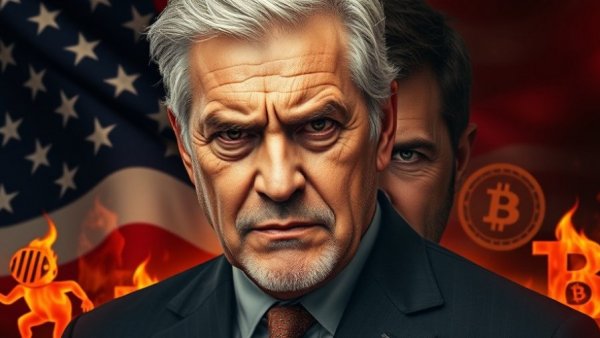 Bitcoin's Market Structure and Tariff Impact depicted with fiery graphics and concerned expressions.