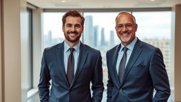 Two men in suits smiling in an office with city view.