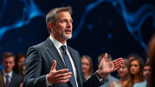 Confident speaker discussing Stellantis stock decline at tech conference.