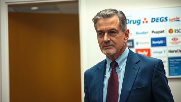 A man in a suit enters a room with a drug pricing poster, future of drug pricing.