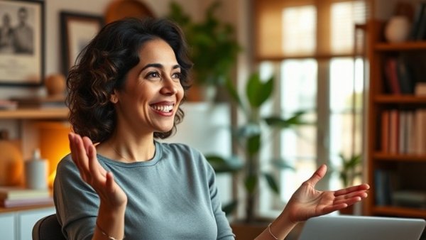 Woman discussing personal change journey challenges in a warm home office.