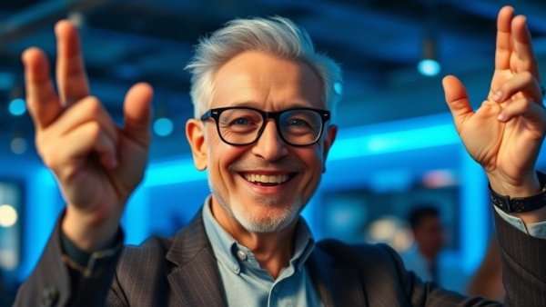 Smiling older man celebrating indoors with blue lights.