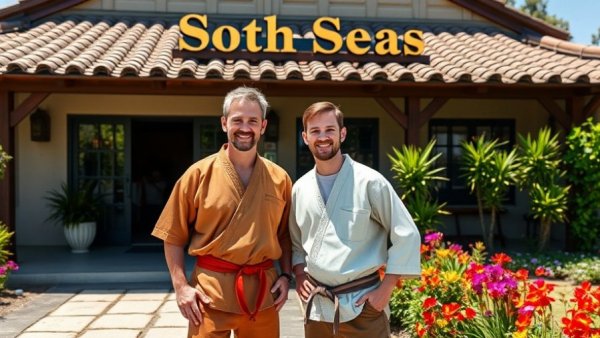 Cheerful duo outside building; Cobra Kai Blu-ray release.