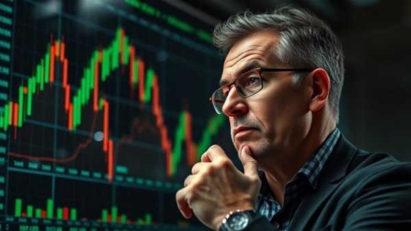 Bitcoin and Altcoin Trading Analysis: Man examines market trends on vibrant chart.