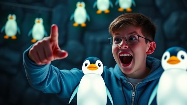 Enthusiastic young man highlighting penguin meme coin trend.