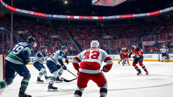 Canucks and Devils ice hockey match action near goal, vibrant and intense.