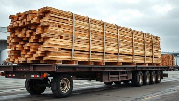 Flatbed trailer missing a load of lumber, strapped securely.