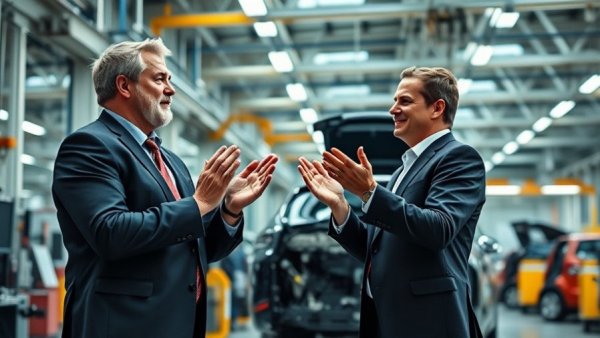 Business leaders discussing the automotive industry in 2026 inside a factory.