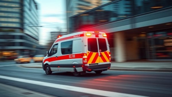 Emergency ambulance speeding away, Orchard Park Mall incident.