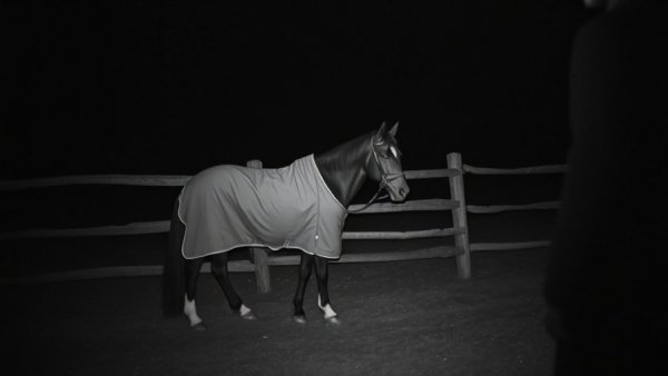 Nighttime surveillance showing horse in fenced area, Vernon B.C. animal abuse incident.