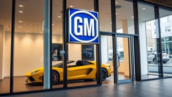 General Motors showroom with car visible behind glass, reflecting corporate style.