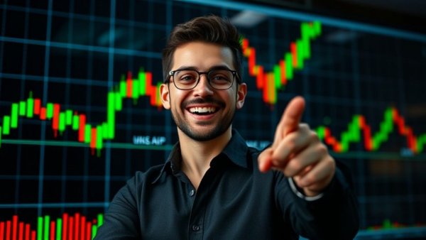 Bitcoin Breakthrough Level indicator on financial chart with man pointing.