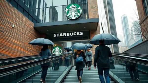 People approaching Starbucks on a rainy day - Starbucks Earnings Report 2026.