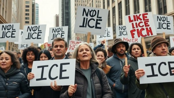 ICE violence protest in Minnesota with large group holding signs.