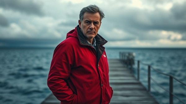 Domhnall Gleeson in red jacket on pier, reviewing 'The Incomer'.