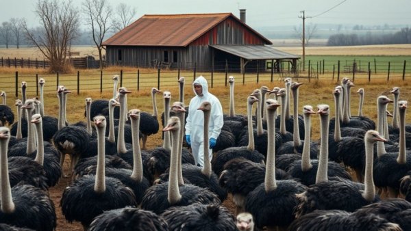 CFIA ostrich cull operation scene with person in protective suit