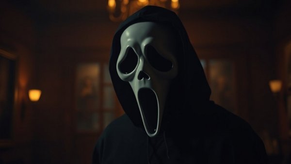 Ghostface mask in dim room, highlighting copyright issues.