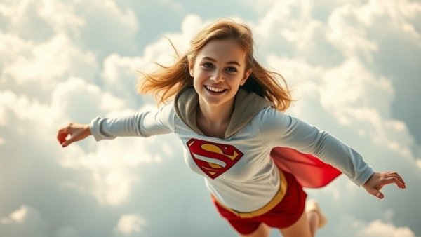 Confident Supergirl smiling mid-air in front of clouds, Supergirl Musical Change.