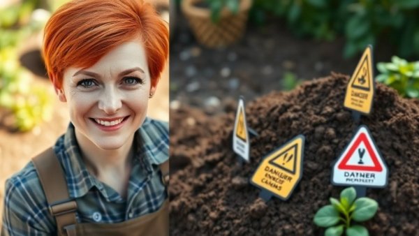 Gardener discussing limiting garden soil damage with warning signs.