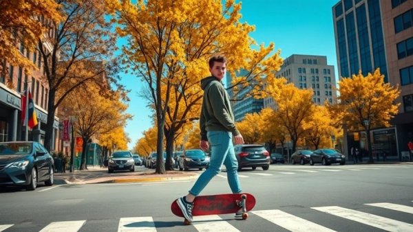 Transportation priorities in downtown Kelowna: Pedestrian with skateboard crossing street.