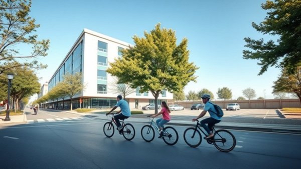 Family biking in urban setting with parking lot, modern architecture, and trees.