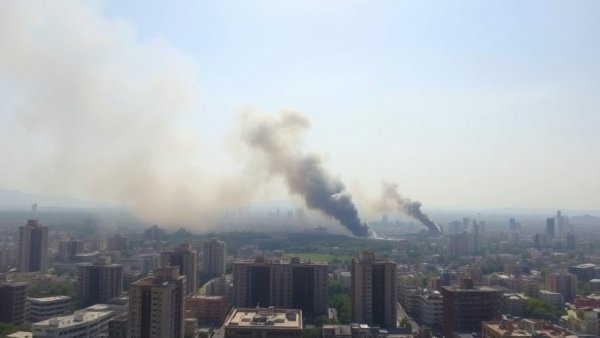 Urban scene with smoke rising, symbolizing cartel violence in Mexico.