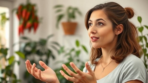 Young woman discussing cold climate peppers indoors with plants.