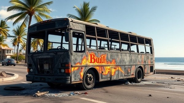 Puerto Vallarta violence response: burned bus by palm trees on sunny beachside.