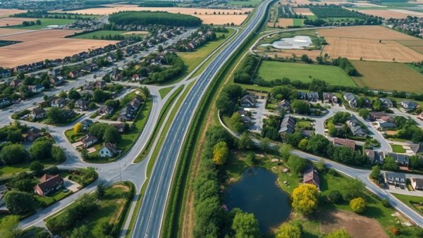 Aerial view showing Kelowna road extension with suburban and natural landscape.