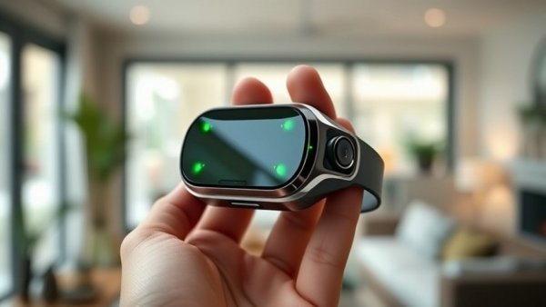 Close-up of modern AI wearable being held, green futuristic design.