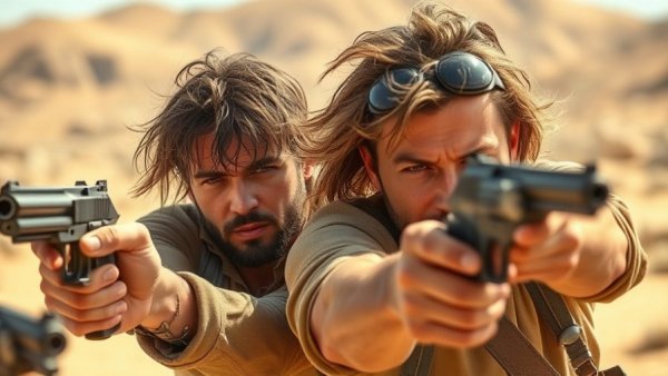 Adventurers aiming guns in a desert scene for The Mummy 4.