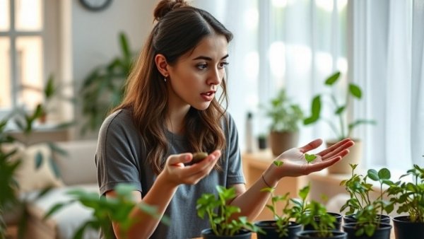Woman explaining GNATS during seed starts indoors.