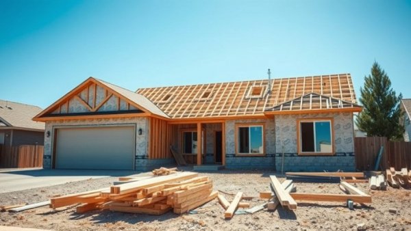 New home construction in Kelowna with materials and blue skies.