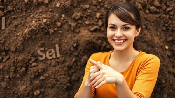 Woman highlights overlooked minerals for gardening on soil background.