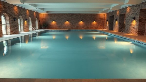 Tranquil indoor wellness pools with ambient lighting and rustic brick.