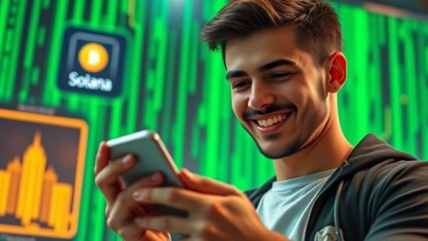 Young man trading Solana memecoins, smartphone app interface.