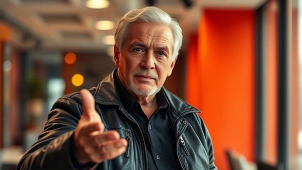 Confident man in black leather jacket presenting in modern office, Agentic AI Revenue Growth.