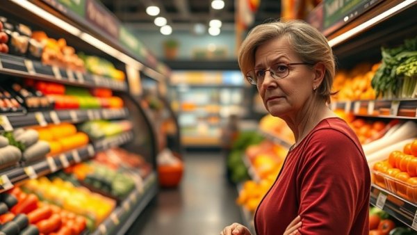 Shopper in supermarket aisle amid rising costs in B.C. due to war in Iran.