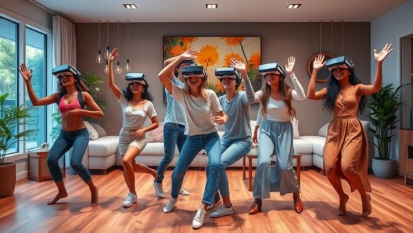 Avatars dancing in Horizon Worlds' VR space, vibrant virtual room.